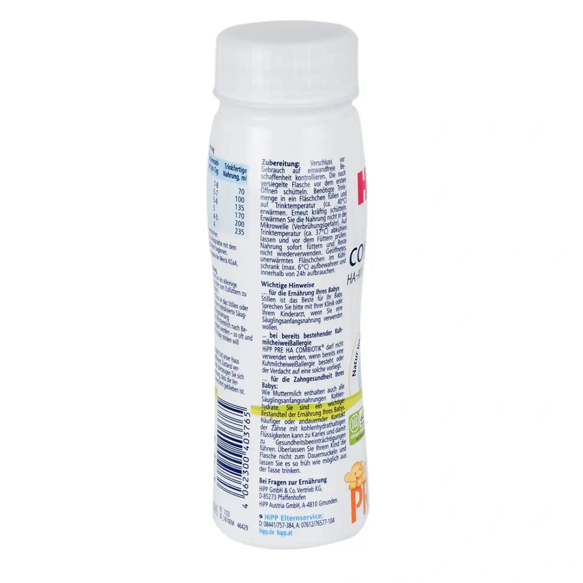 HiPP Niemiecka Mieszanka dla Niemowląt Etap PRE Hipoalergiczna (HA) Gotowa do Podania Organiczna Mleczna Mieszanka 200 ml (18 SZTUK)