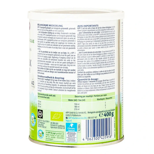 HiPP Formula de lapte praf organic de capră pentru sugari, etapă 2, 400g