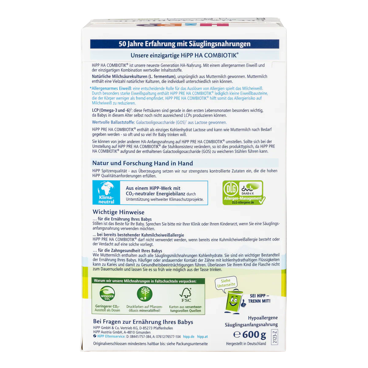 HiPP Etap PRE Hipoalergiczna (HA) Organiczna Mleczna Mieszanka dla Niemowląt 600g
