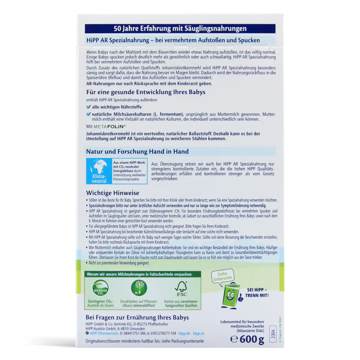 HiPP Formula Bio Germană Antireflux (AR) pentru Sugari 600g